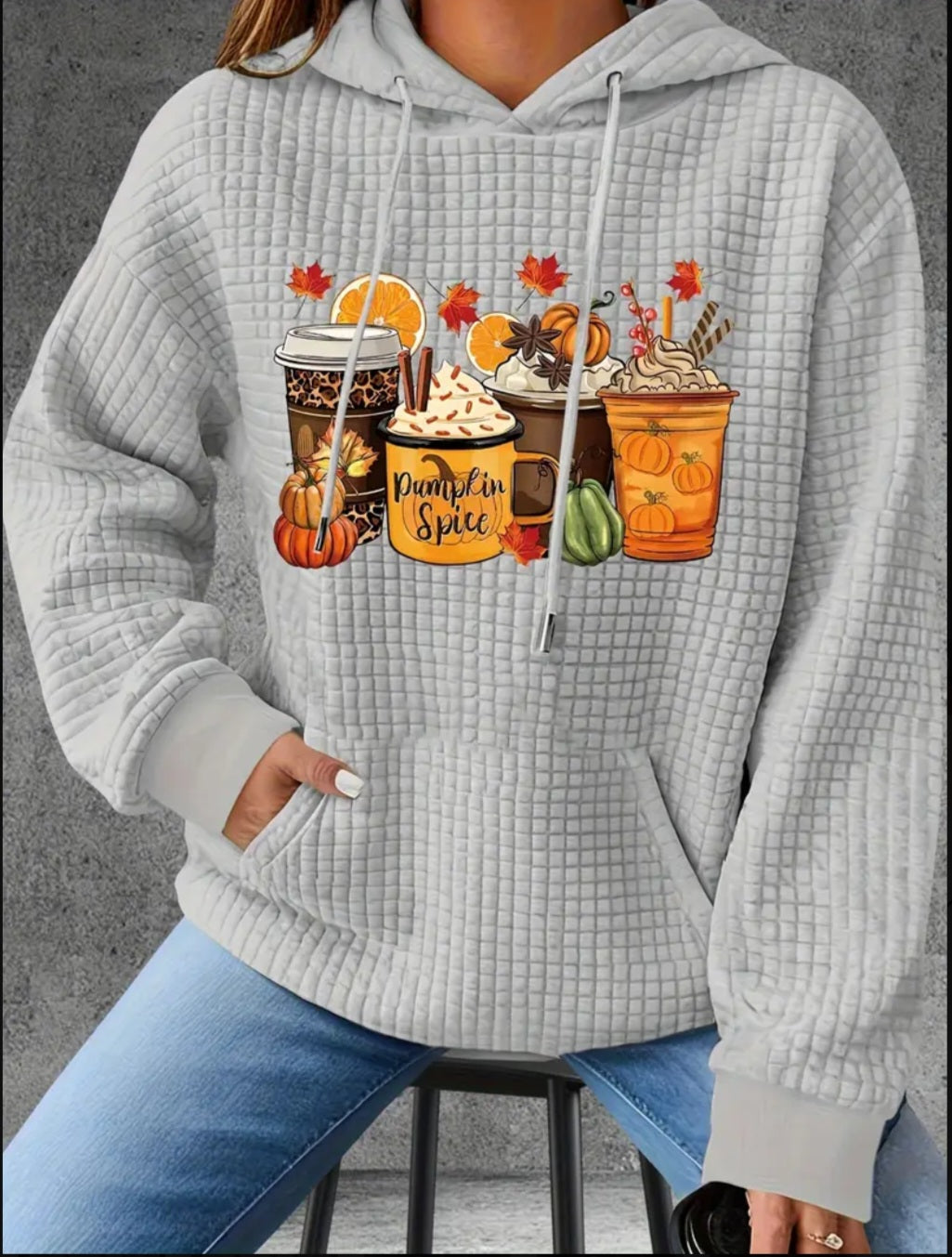 PREORDER Pumpkin Spice Frappes Knit Waffle Pullover Hooded Sweater