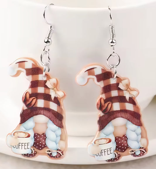 PREORDER Christmas Coffee Gnome Acrylic Dangle Earrings