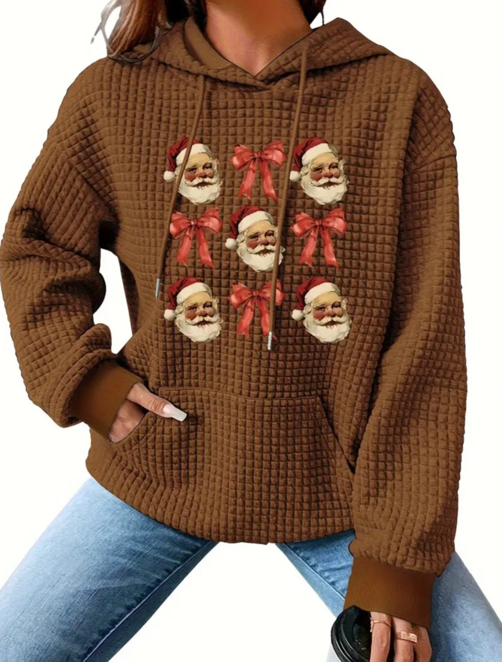PREORDER Christmas Santa & Bows Knit Waffle Pullover Hooded Sweater