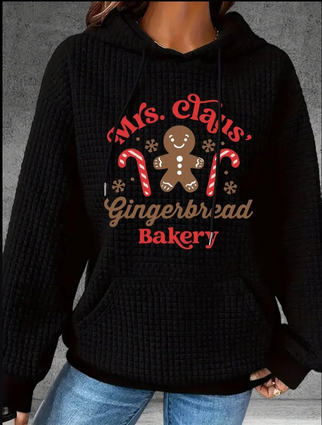 PREORDER Christmas Mrs.Claus Gingerbread Bakery Knit Waffle Pullover Hooded Sweater