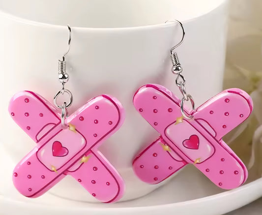 PREORDER Halloween Pink Bandaid Acrylic Dangle Earrings