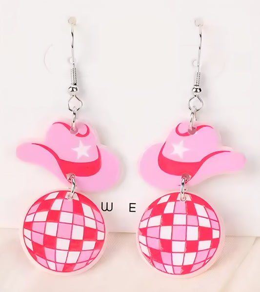 PREORDER Halloween Cowgirl Hat & Disco Ball Acrylic Dangle Earrings