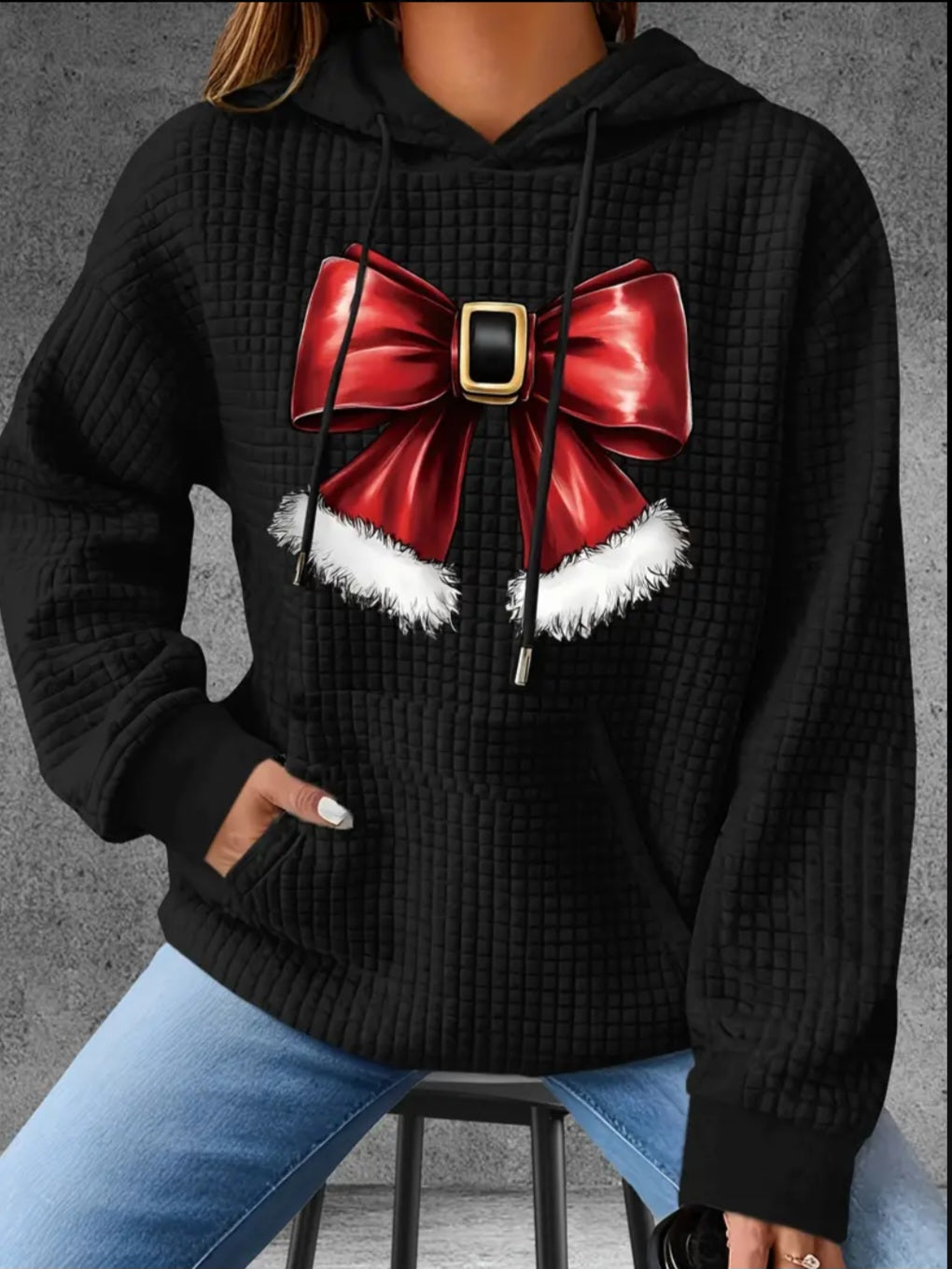 PREORDER Christmas Santa Bow Knit Waffle Pullover Hooded Sweater
