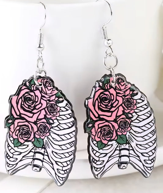 PREORDER Halloween Ribcage & Roses Acrylic Dangle Earrings