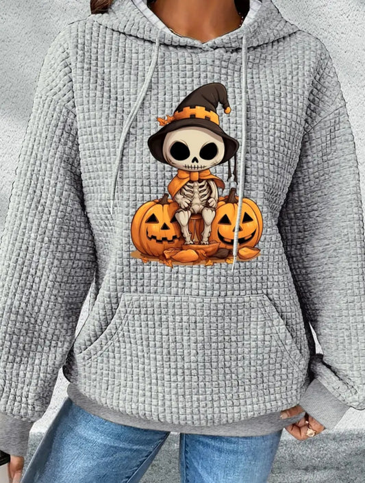 PREORDER Halloween Skeleton Jack O Lantern Knit Waffle Pullover Hooded Sweater