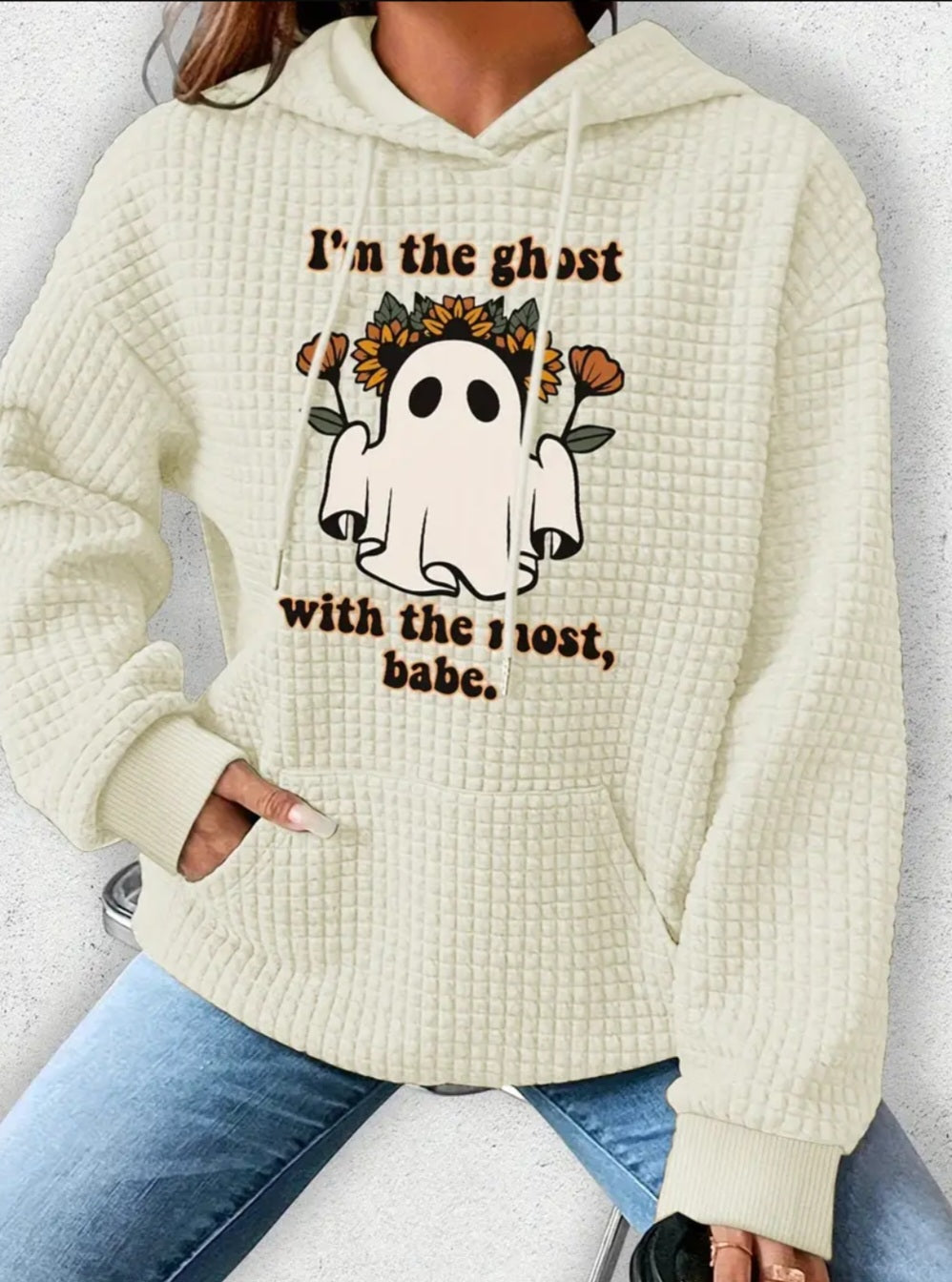 PREORDER Halloween Ghost With The Most Knit Waffle Pullover Hooded Sweater