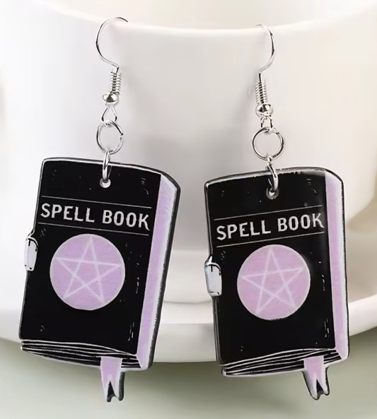 PREORDER Halloween Black Spell Book Acrylic Dangle Earrings