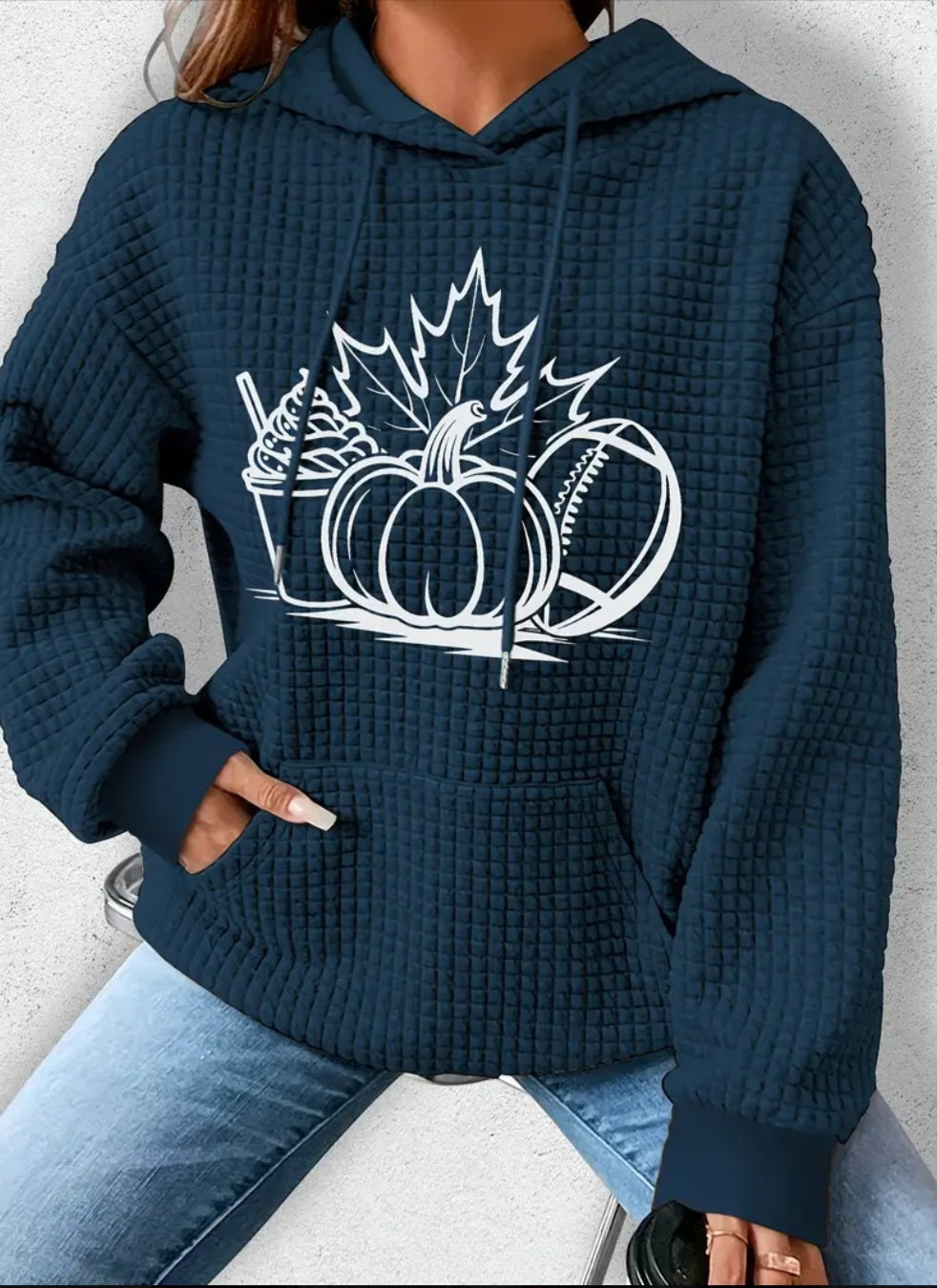 PREORDER Halloween Pumpkin Spice & Football Knit Waffle Pullover Hooded Sweater