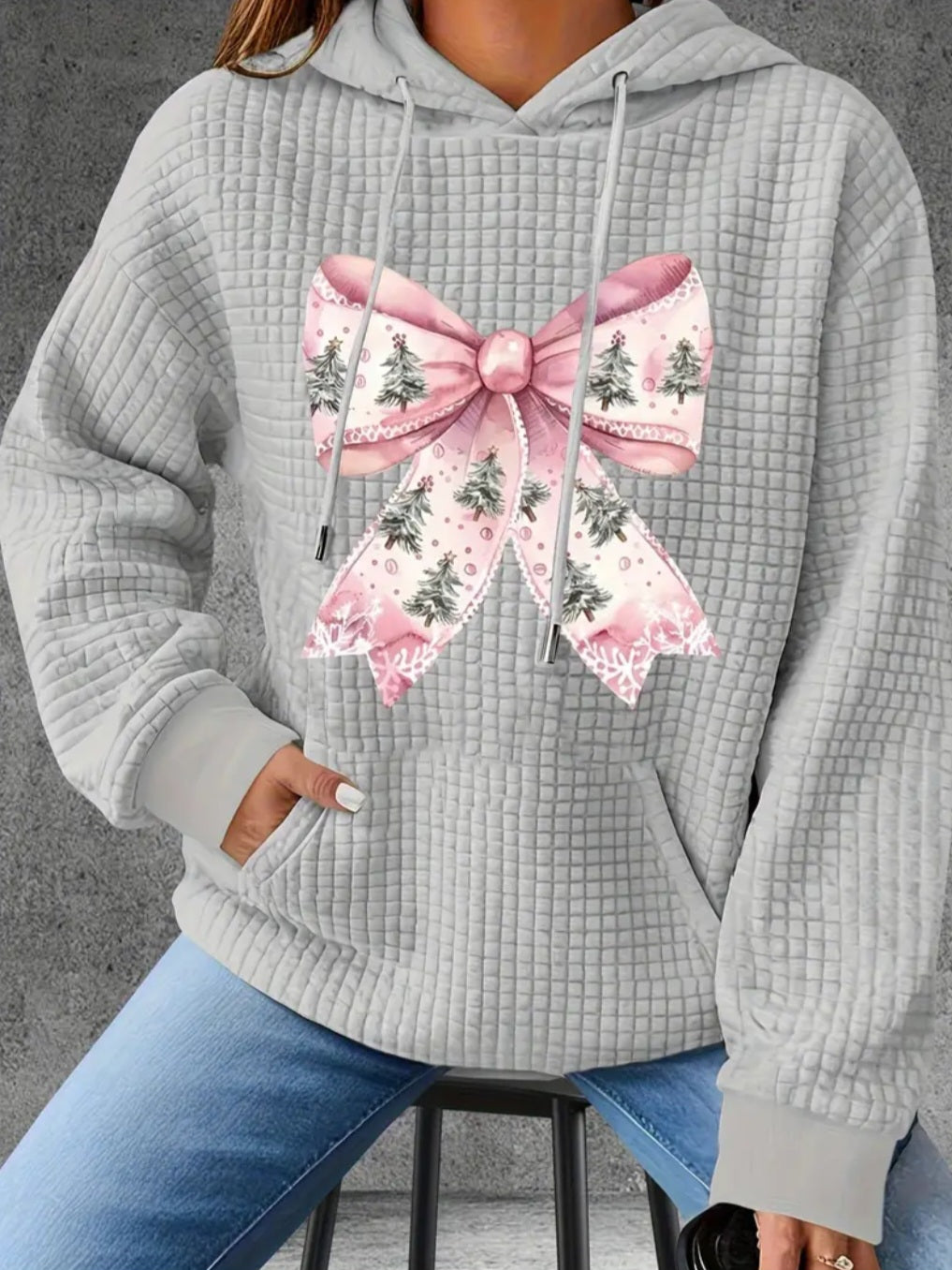 PREORDER Christmas Tree Bow Knit Waffle Pullover Hooded Sweater