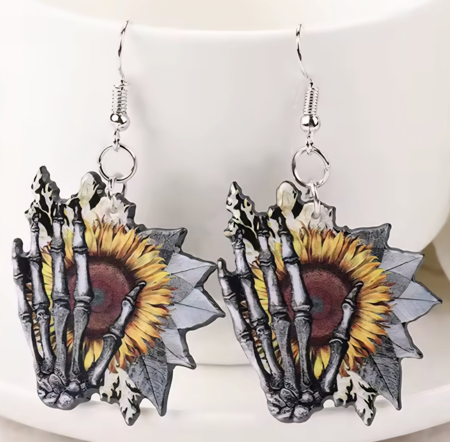 PREORDER Halloween Skeleton Sunflower Hand Acrylic Dangle Earrings
