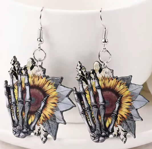 PREORDER Halloween Skeleton Sunflower Hand Acrylic Dangle Earrings
