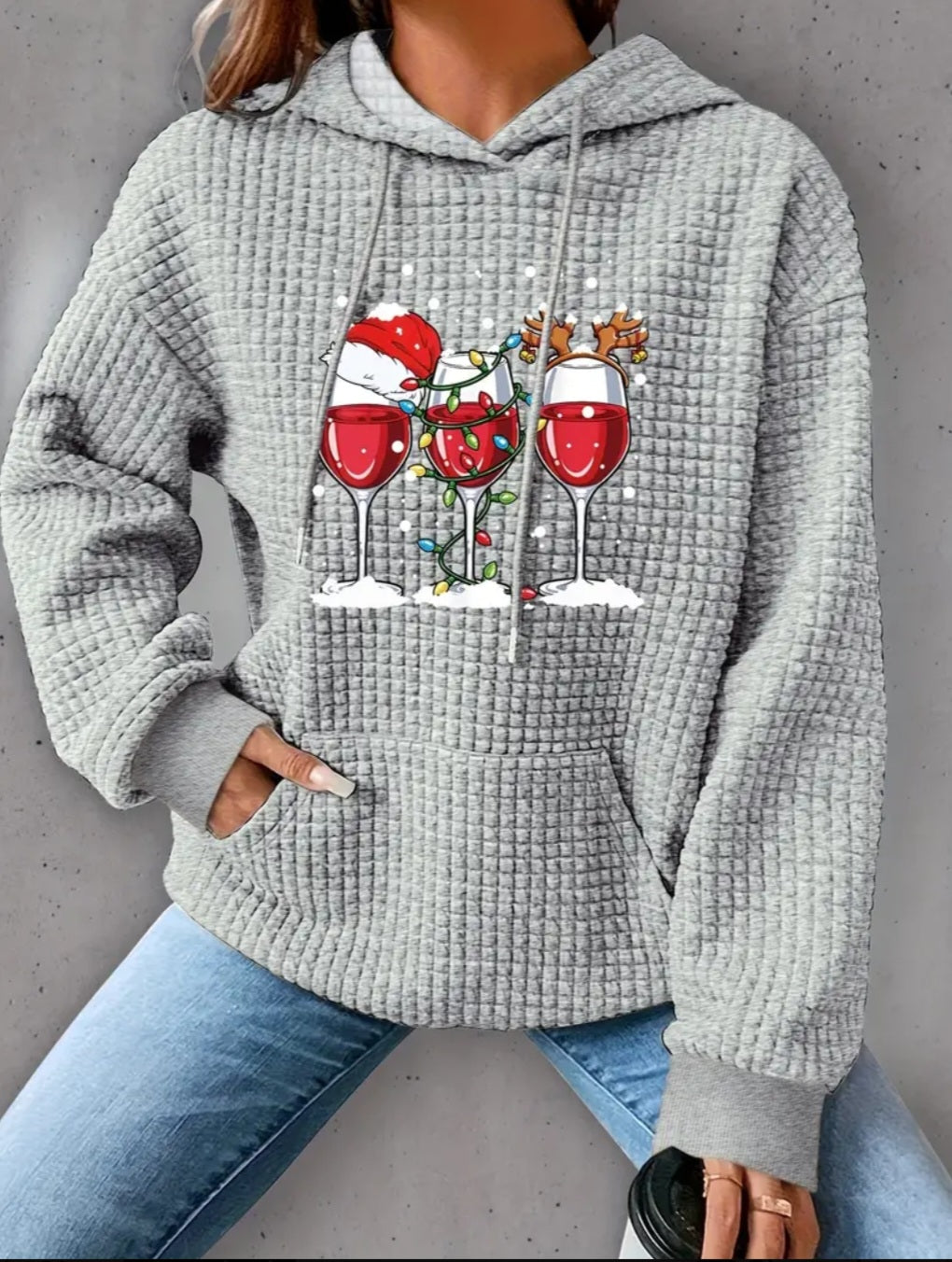 PREORDER Christmas Wine Knit Waffle Pullover Hooded Sweater