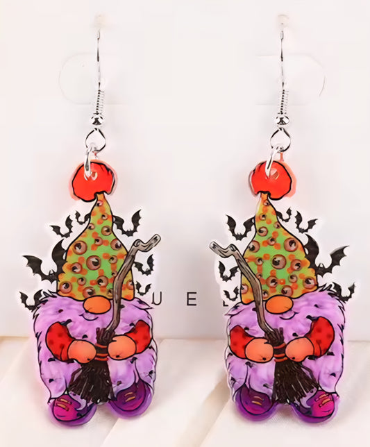 PREORDER Halloween Broom Witch Gnome Acrylic Dangle Earrings