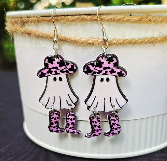 HALLOWEEN Cowgirl Leopard Boot Ghost Acrylic Dangle Earrings