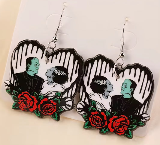 PREORDER Halloween Floral Heart Frankenstein & Bride Acrylic Dangle Earrings