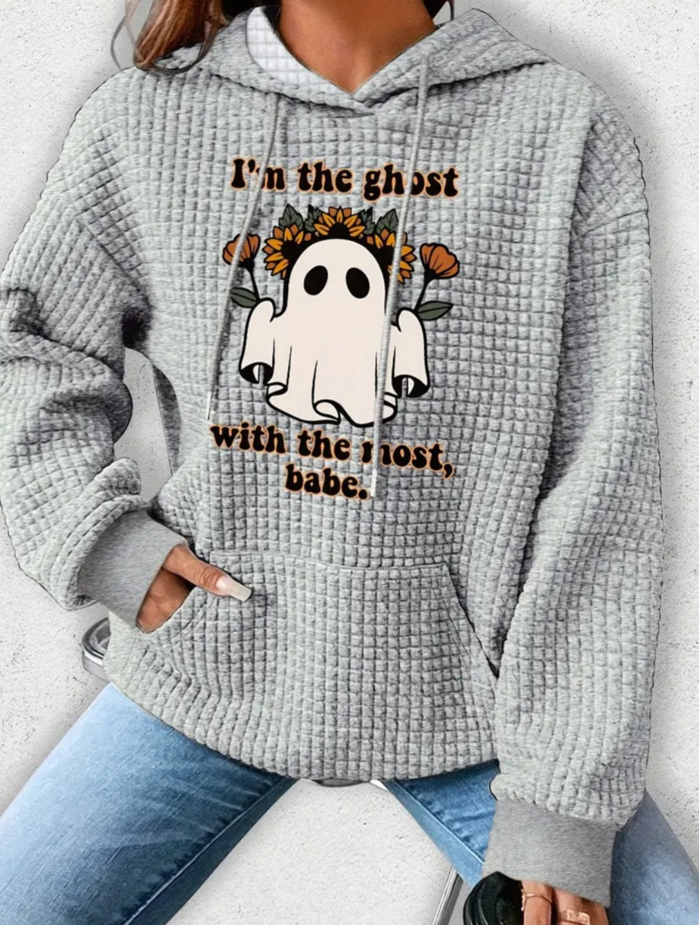 PREORDER Halloween Ghost With The Most Knit Waffle Pullover Hooded Sweater