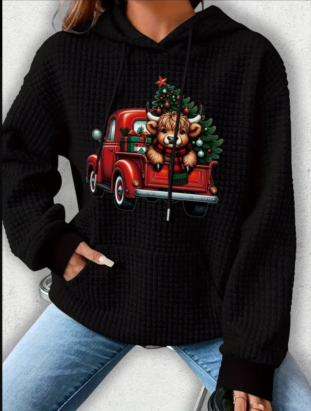 PREORDER Christmas Red Truck & Highlander Cow Knit Waffle Pullover Hooded Sweater
