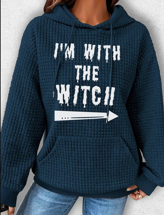 PREORDER Halloween I'm With The Witch Knit Waffle Pullover Hooded Sweater