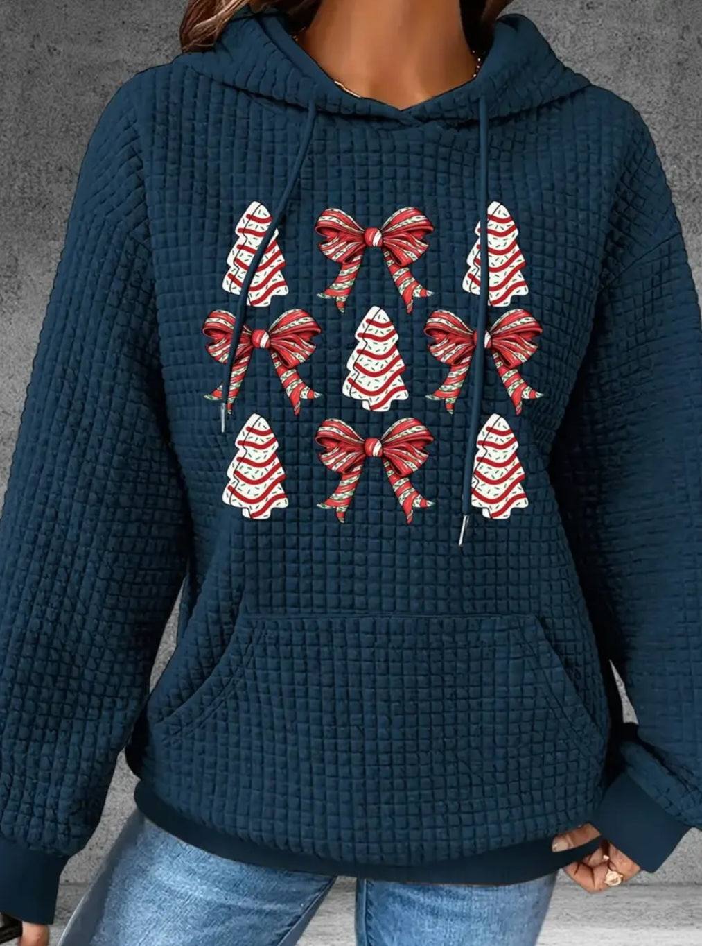 PREORDER White Christmas Tree & Bows Knit Waffle Pullover Hooded Sweater