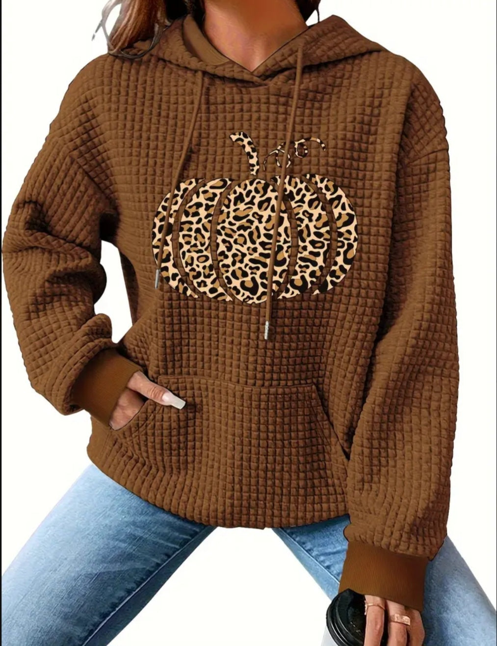 PREORDER Halloween Leopard Pumpkin Knit Waffle Pullover Hooded Sweater