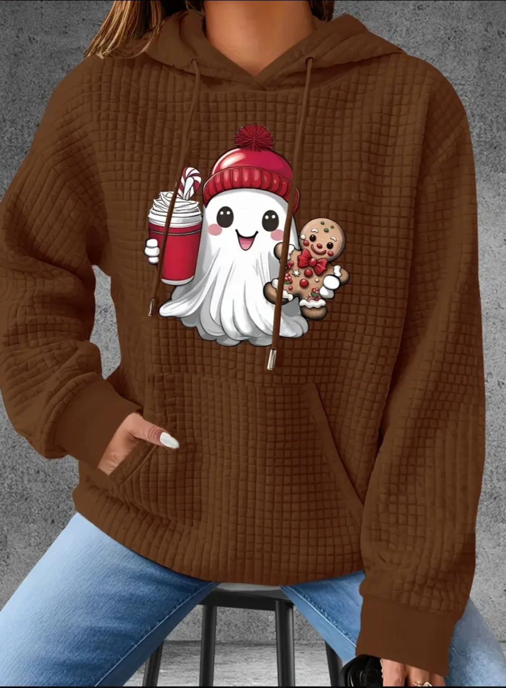 PREORDER Gingerbread & Frappe Ghost Knit Waffle Pullover Hooded Sweater
