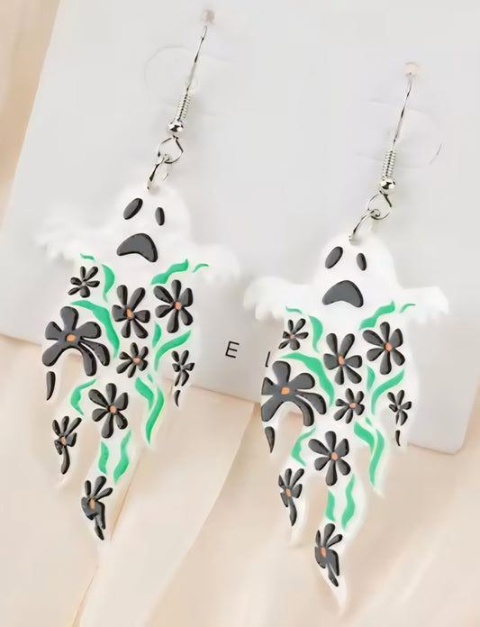 PREORDER Halloween White Floral Scared Ghost Acrylic Dangle Earrings