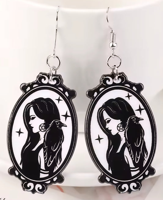 PREORDER Halloween Raven Witch Acrylic Dangle Earrings