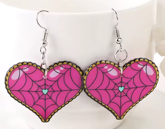 PREORDER Halloween Spiderweb Heart Acrylic Dangle Earrings