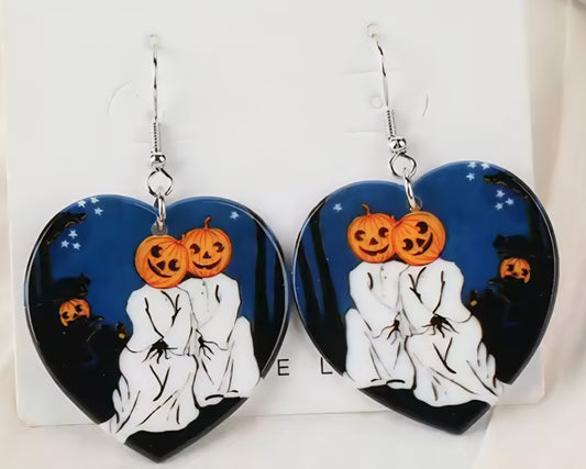 PREORDER Halloween Jack O Lantern Heart Lovers Acrylic Dangle Earrings