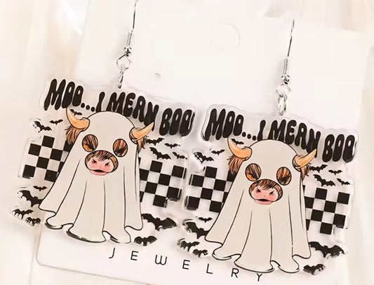 PREORDER Halloween Vintage Moo..I Mean Boo Cow Acrylic Dangle Earrings