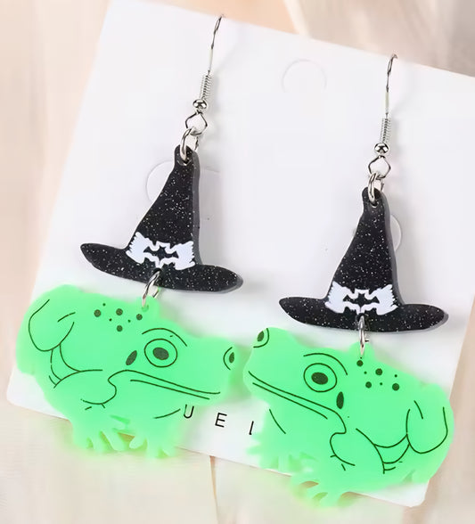 PREORDER Halloween Witch Frog Acrylic Dangle Earrings