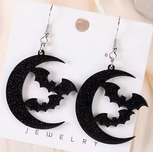 PREORDER Halloween Black Bat Cresent Moon Acrylic Earrings
