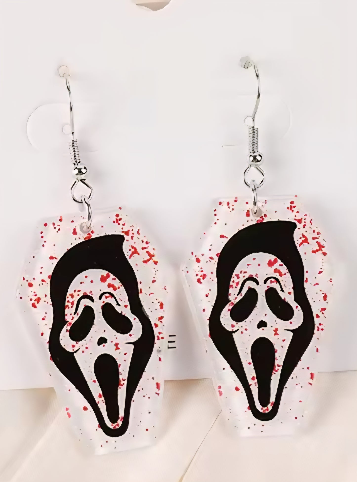 PREORDER Halloween Ghostface Blood Splatter Coffin Acrylic Dangle Earrings