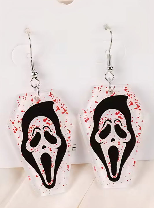 PREORDER Halloween Ghostface Blood Splatter Coffin Acrylic Dangle Earrings