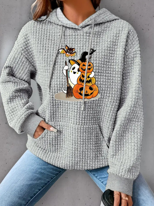 PREORDER Halloween Jack O Lantern Witch Ghost Knit Waffle Pullover Hooded Sweater