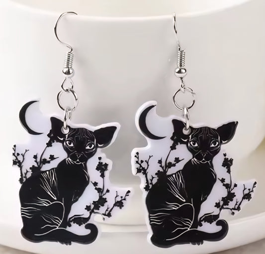 PREORDER Halloween Sphynx Black Cat Acrylic Dangle Earrings