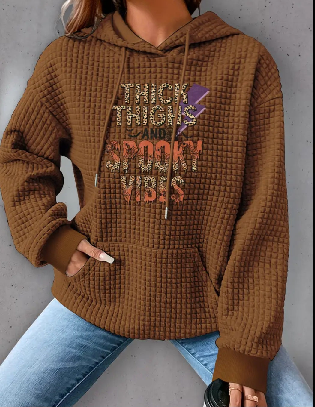 PREORDER Halloween Thick Thighs And Spooky Vibes Knit Waffle Pullover Hooded Sweater