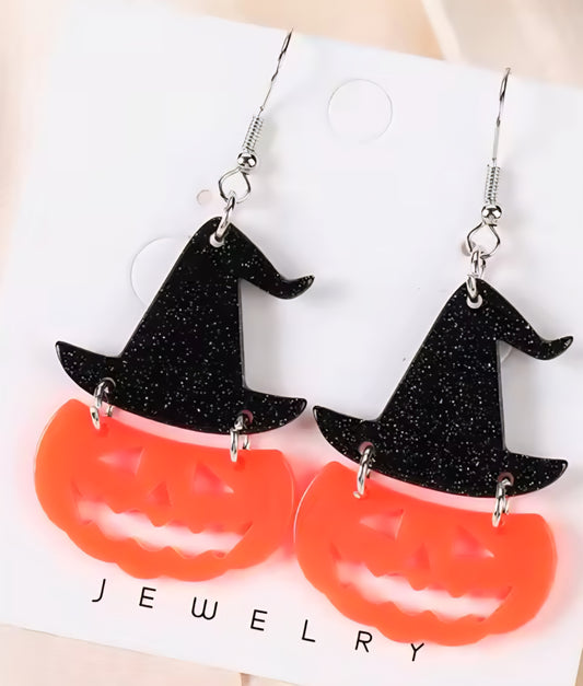 PREORDER Halloween Jack O Lantern Witch Hat Acrylic Earrings