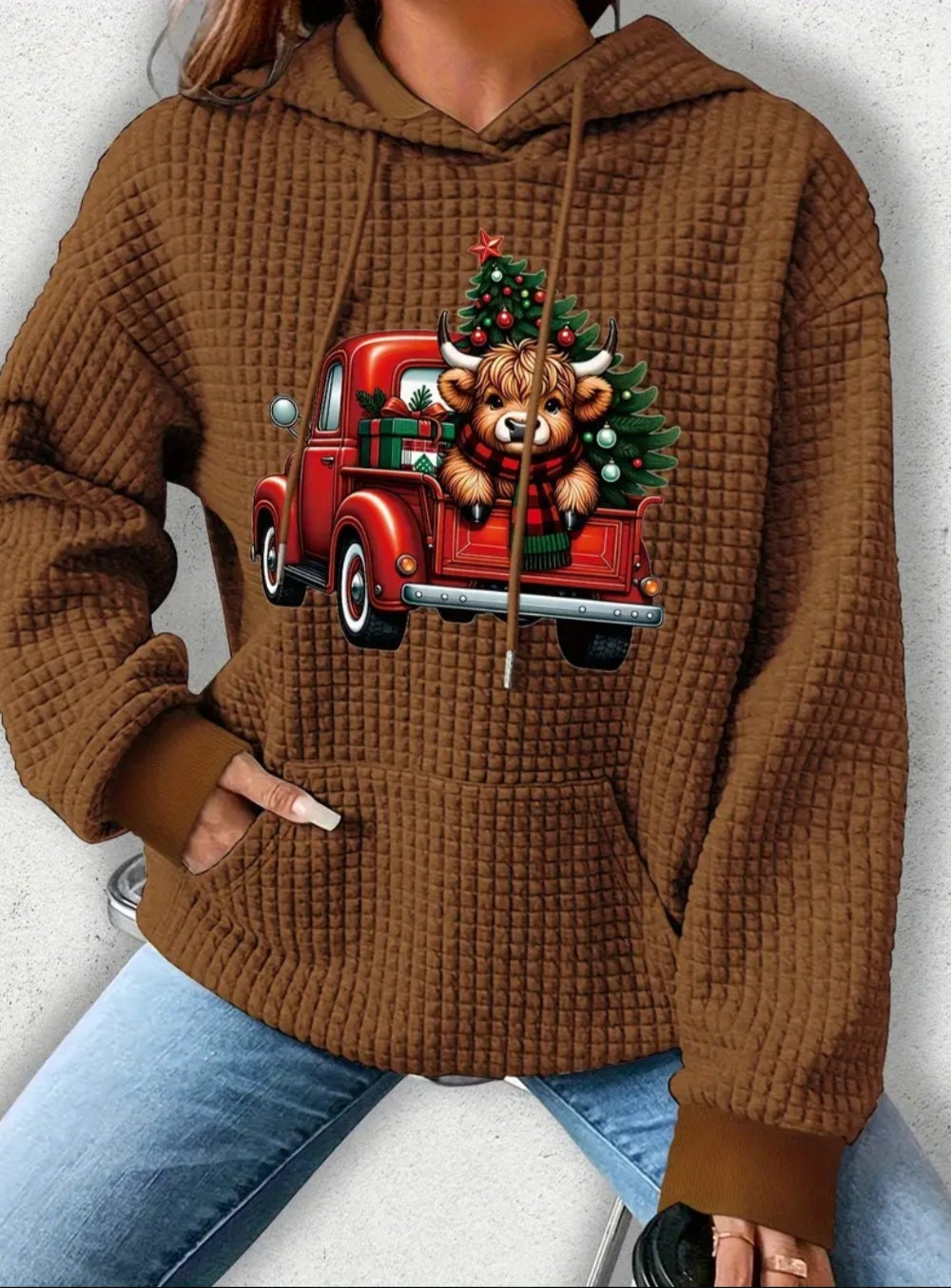 PREORDER Christmas Red Truck & Highlander Cow Knit Waffle Pullover Hooded Sweater