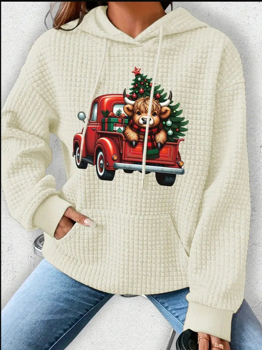 PREORDER Christmas Red Truck & Highlander Cow Knit Waffle Pullover Hooded Sweater
