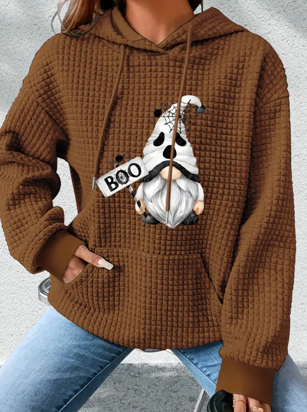 PREORDER Halloween Boo Gnome Knit Waffle Pullover Hooded Sweater