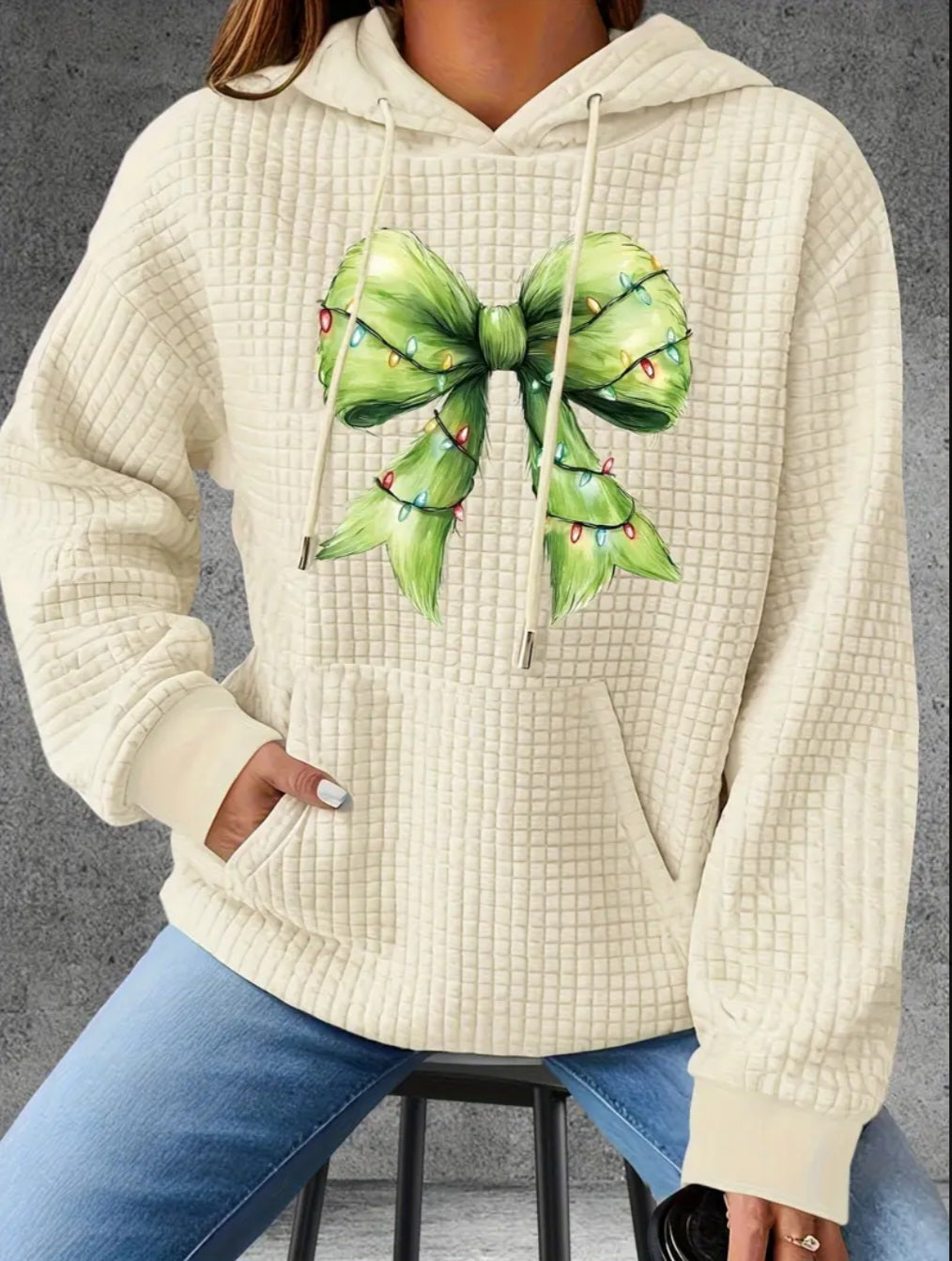 PREORDER Christmas Mean One Bow Knit Waffle Pullover Hooded Sweater