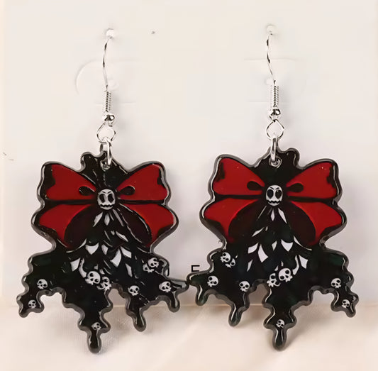 PREORDER Christmas Skull Bow Acrylic Dangle Earrings