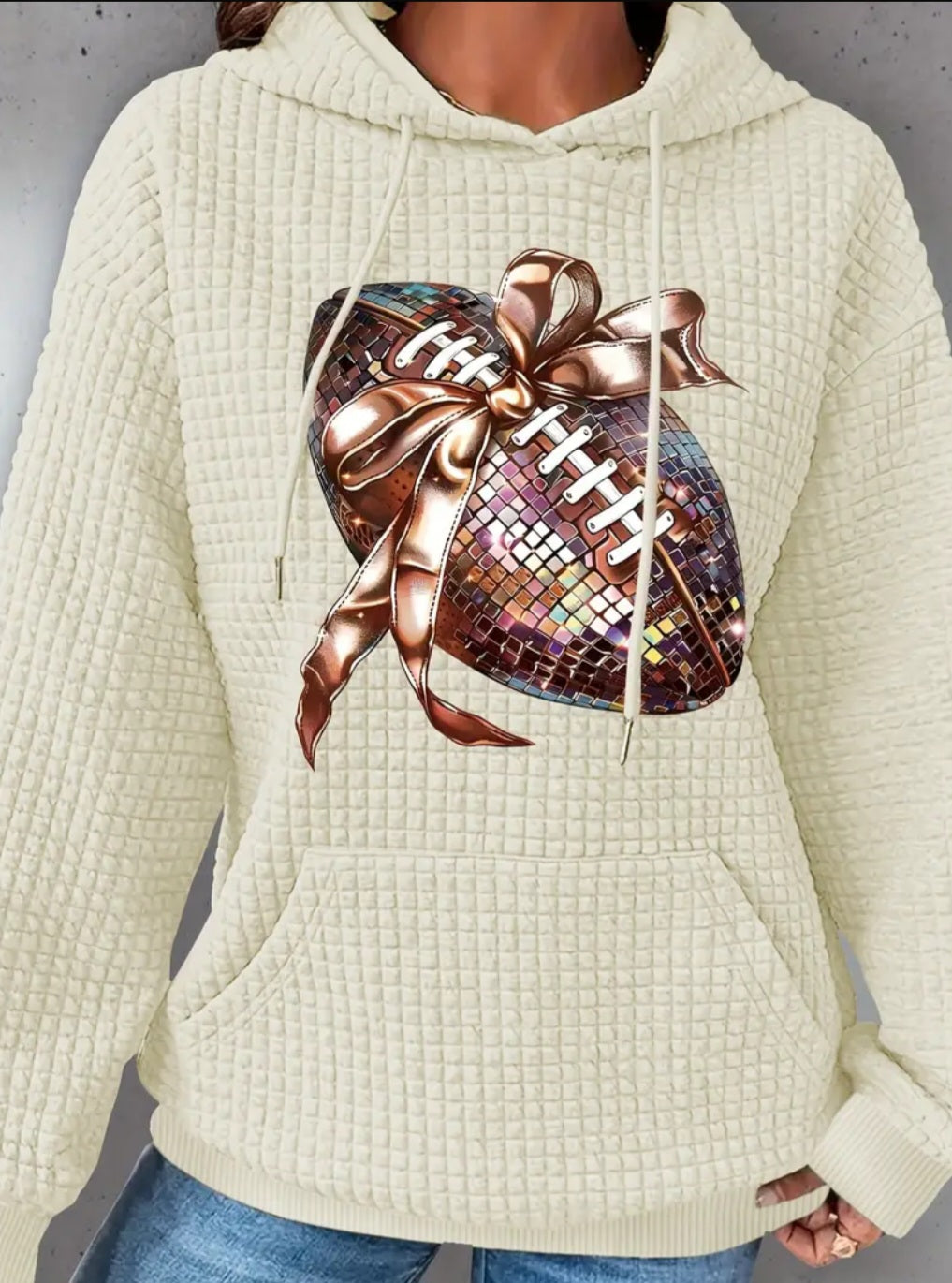 PREORDER Football Disco With A Bow Knit Waffle Pullover Hooded Sweater