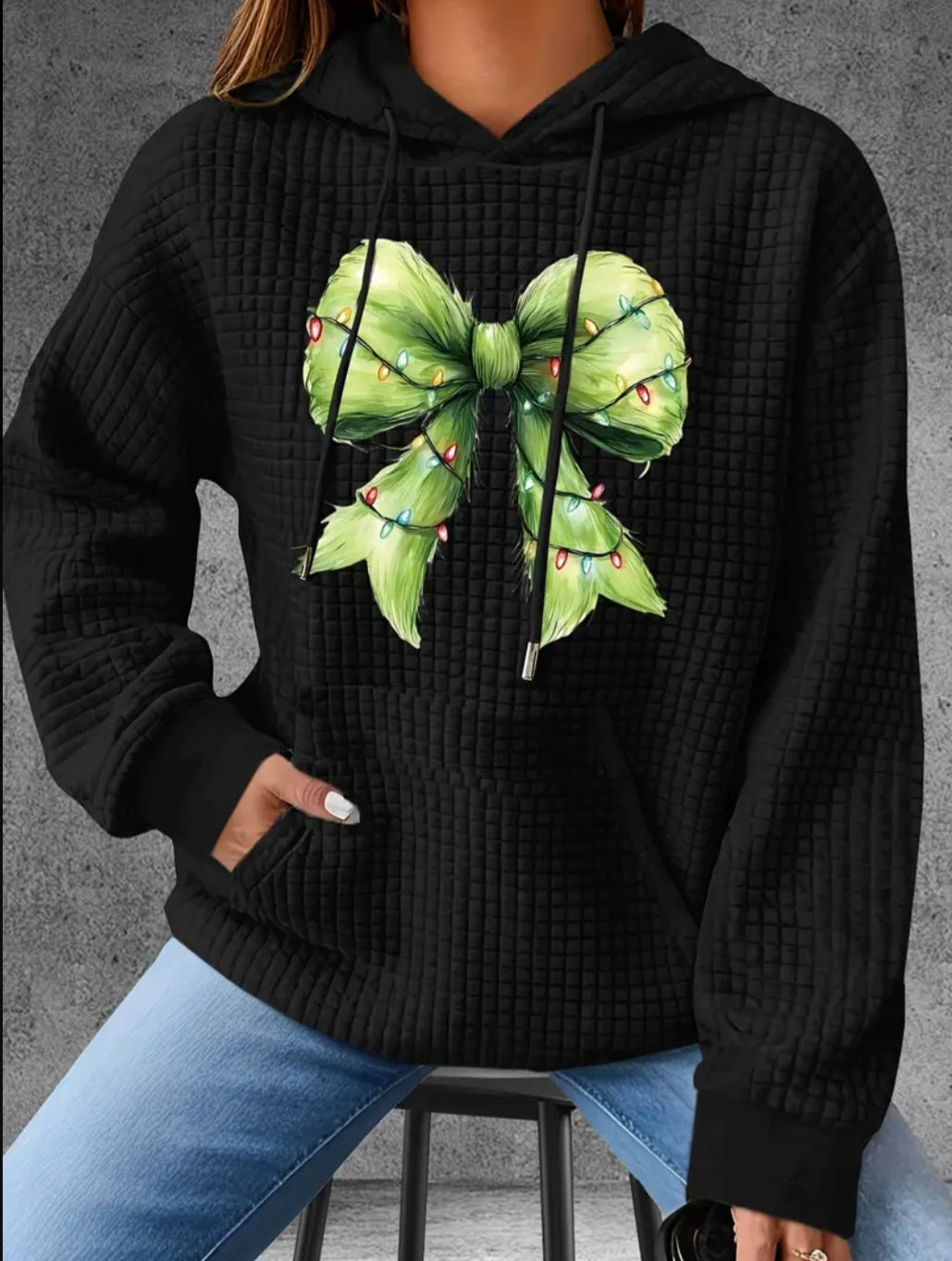 PREORDER Christmas Mean One Bow Knit Waffle Pullover Hooded Sweater