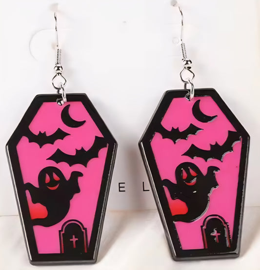 PREORDER Halloween Ghost & Bats Coffin Ombre Acrylic Dangle Earrings
