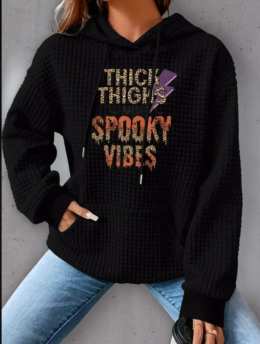 PREORDER Halloween Thick Thighs And Spooky Vibes Knit Waffle Pullover Hooded Sweater