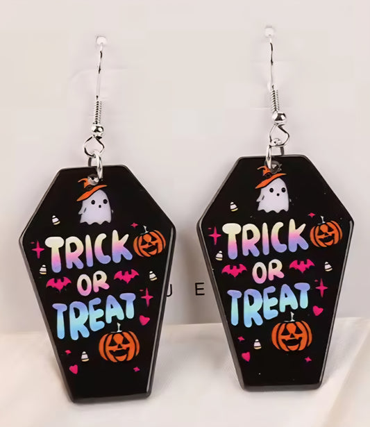 PREORDER Halloween Black Trick Or Treat Coffin Acrylic Dangle Earrings