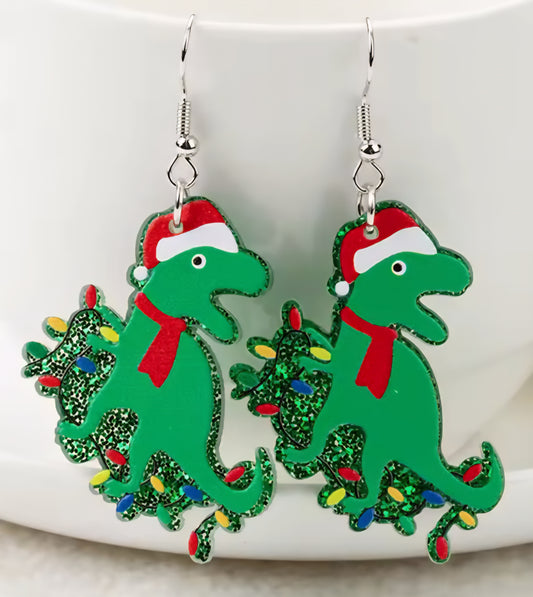 PREORDER T-Rex Dinosaur Christmas Lights Acrylic Dangle Earrings
