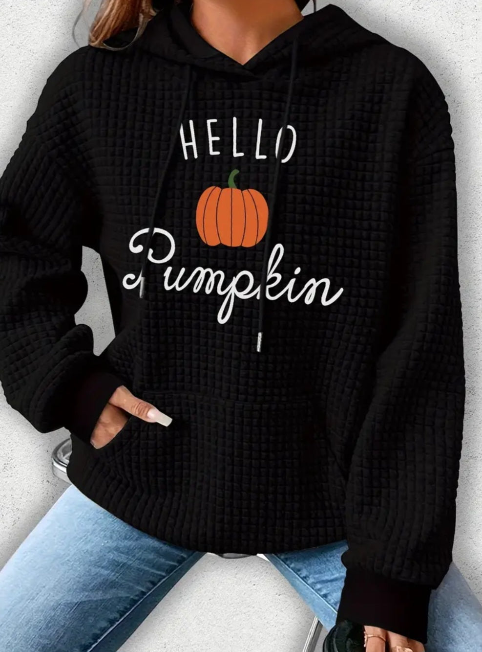 PREORDER Halloween Hello Pumpkin Knit Waffle Pullover Hooded Sweater